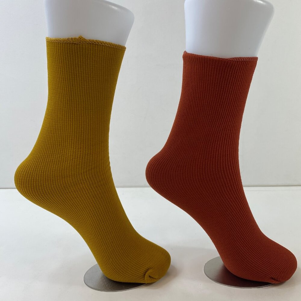 Womens Crew Socks Set 2 Solid Ribbed Mustard Yellow Rust Red - Picture 3 of 3